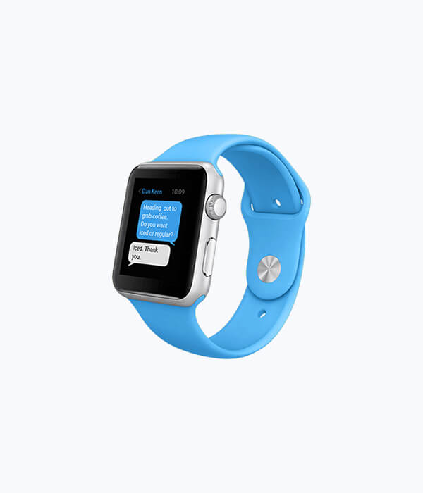 Smartwatch with blue band displaying text message.