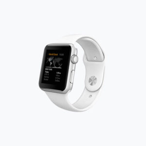 Smartwatch with white band displaying world clock.